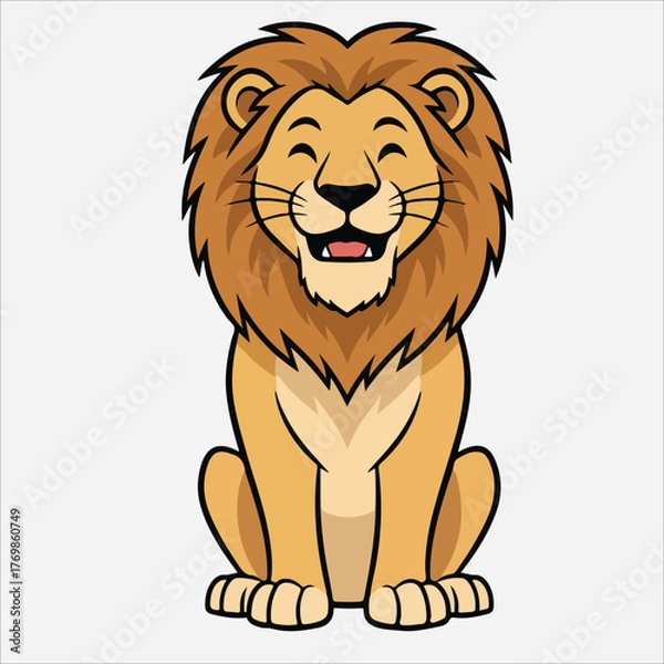 Fototapeta Cartoon lion with a cheerful expression sitting on a plain white background with a vibrant color scheme.