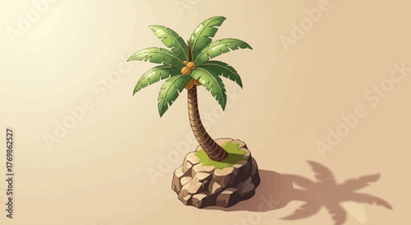 Fototapeta Tropical Paradise Island with Palm Tree on Rocky Outcrop Shading Sand
