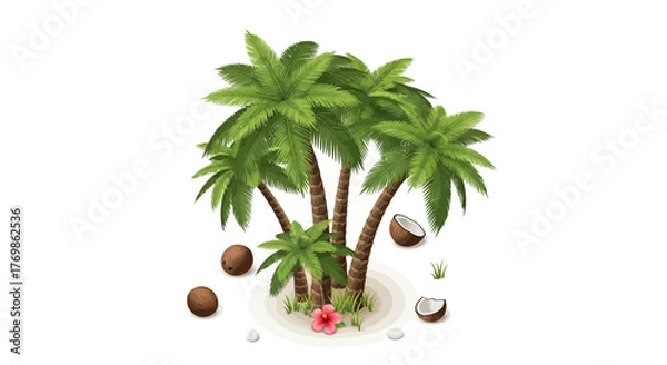 Fototapeta Tropical summer illustration with coconut palm trees and fresh coconuts