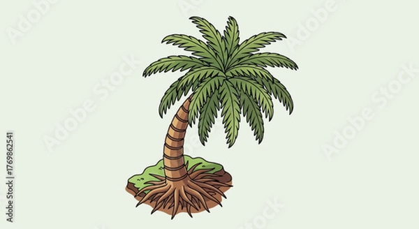 Fototapeta Vibrant cartoon palm tree on small island, evoking tropical paradise
