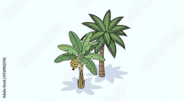 Fototapeta Tropical illustration of two palm trees, banana tree and a light background