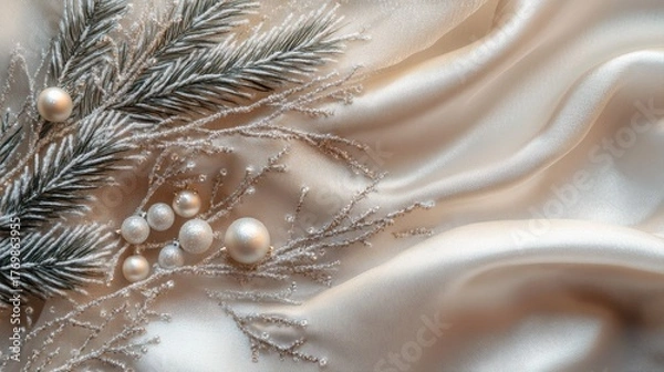 Fototapeta delicate twigs and pine branches embroidered with white pearls on textured silk satin fabric with elegant folds. minimal clean composition with copy space. luxury holiday branding, winter aesthetic.