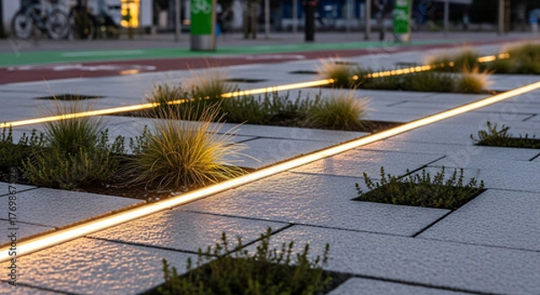 Fototapeta Evening city walk with led pavers, reflections, and native plants