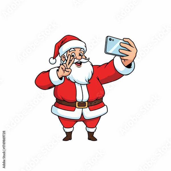 Fototapeta Cartoon Santa Claus taking a selfie with a smartphone and showing a peace sign.