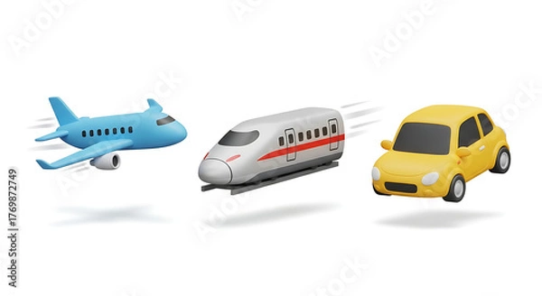 Obraz A vibrant 3D illustration showcases a trio of transportation methods a blue airplane in motion, a sleek bullet train, and a cheerful yellow car against a clean white backdrop