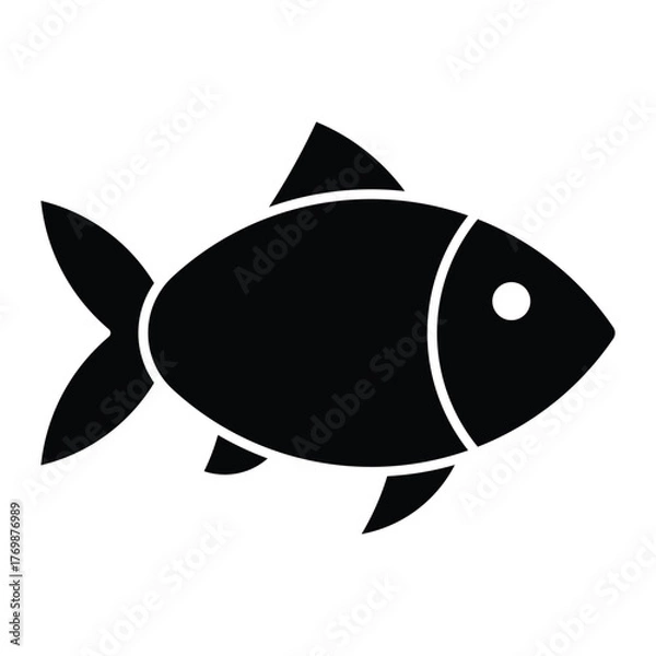Fototapeta Fish vector icon. Black silhouette of swimming fish with fins and tail. Simple aquatic animal symbol for seafood, fishing, or marine design.