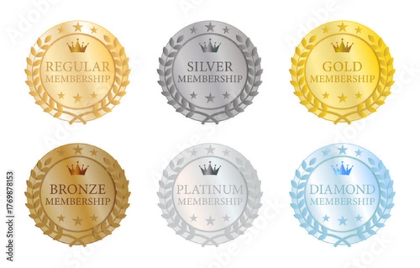Fototapeta リース状の装飾を施した6段階の会員ランクメダルセット｜金・銀・銅・プラチナ・ダイヤモンドなどの高級感あるメンバーシップバッジ（ベクター素材）