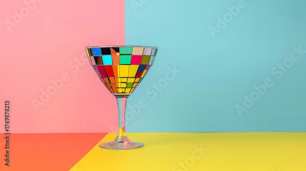 Obraz Creative martini glass designed with disco ball tiles on colorful background, surreal mix of nightlife glamour and playful absurdity. Perfect for bar branding, advertising, posters, and digital market