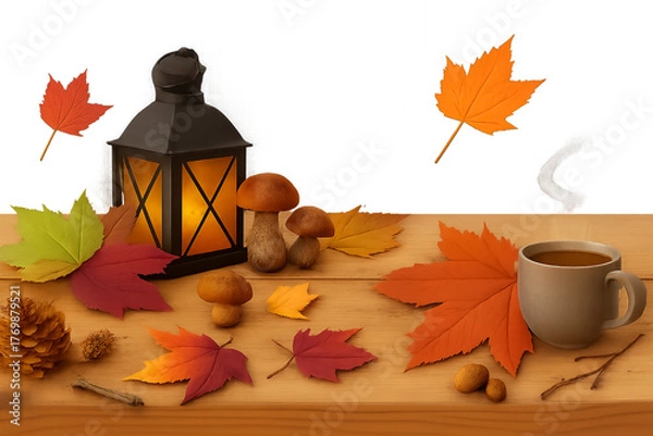Fototapeta autumn leaves and cup of coffee - Autumn Still Life with Lantern, Hot Drink, Leaves, Mushrooms, and Acorns – Cozy Seasonal Composition on White Background Evoking Fall and Harvest Atmosphere