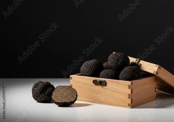 Fototapeta Luxurious black truffles displayed inside a decorative wooden box resting on a clean white surface for culinary use and high-end gifting ,close-up ,rare ,black truffles