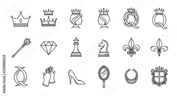 Obraz Collection of elegant line art icons representing royalty and luxury, including various crowns, a queen's profile, the letter Q, a scepter, a diamond, chess pieces, fleur-de-lis, gloves, a high heel