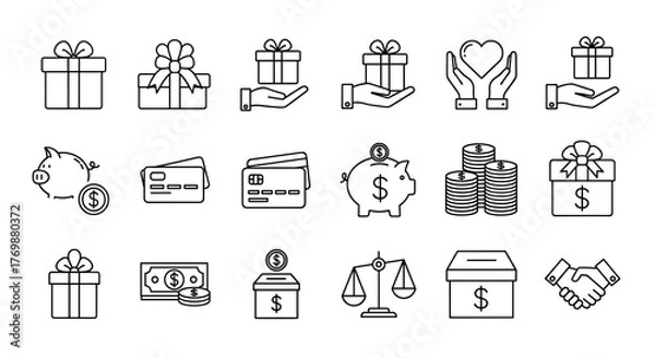 Obraz A collection of outline icons representing financial concepts and charitable giving, including gifts, presents, hands holding hearts, piggy banks, credit cards, stacks of coins, donation boxes