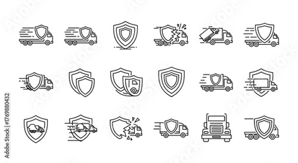 Obraz Set of linear vector cartoon illustrations depicting trucks and shields, symbolizing secure and fast delivery, insurance, and protection. Each icon is hand-drawn with thin lines on a white