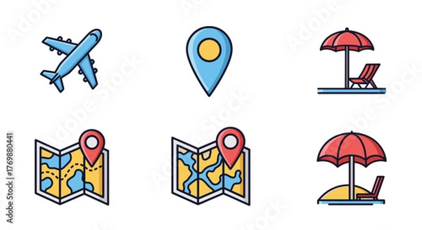 Obraz Vibrant flat design vacation icon pack featuring a stylized airplane, a map with a pin, a location marker, and a beach umbrella with a lounge chair, perfect for travel-themed designs, digital art
