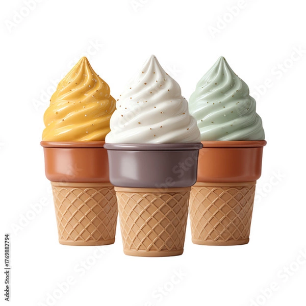 Fototapeta Three colorful ice cream cones with smooth, swirled toppings in a warm setting.