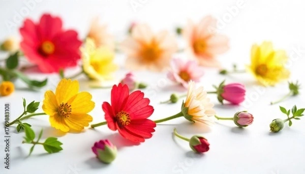 Obraz Botanical Gastronomy Edible Flowers and Herbs A vibrant, overhead shot of scattered edible borage flowers and fresh mint leaves on a white background. Bright, natural light, sharp focus on delicate