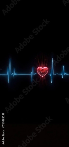 Fototapeta A glowing red, cracked heart pulses at the center of a blue electrocardiogram line against a black background  symbolizing broken love or emotional distress in rhythm with lifes beat.