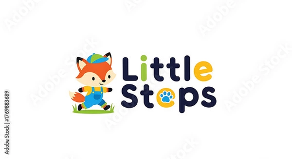 Obraz Charming and playful cartoon fox mascot illustration for a children's brand, featuring a joyful running character and vibrant, friendly typography with a paw print detail