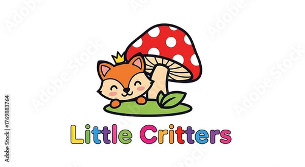 Obraz Cute cartoon fox wearing a crown sitting under a mushroom on grass with text 'Little Critters' below