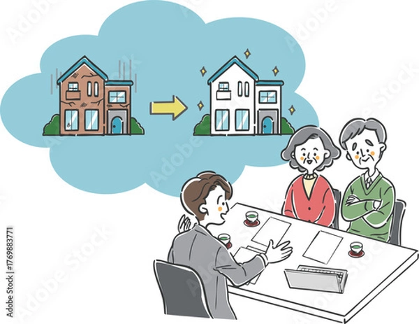 Obraz 男性スタッフからリフォームに関する説明を受けるシニア夫婦　ベクター
