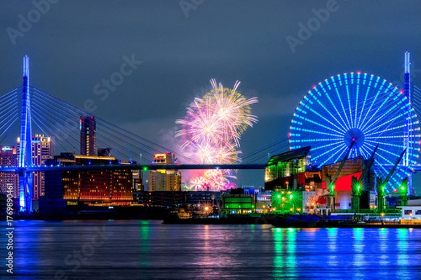 Obraz 大阪港の夜景と淀川花火