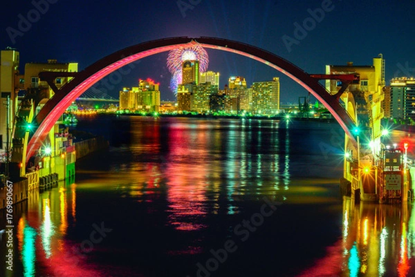 Obraz 安治川水門と夜景