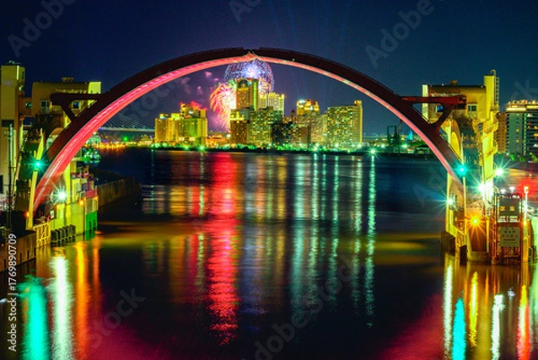 Obraz 安治川水門と夜景