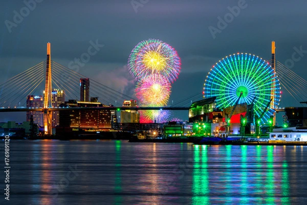 Obraz 大阪港の夜景と淀川花火