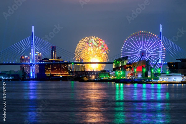 Obraz 大阪港の夜景と淀川花火