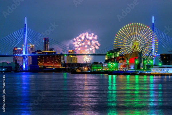 Obraz 大阪港の夜景と淀川花火