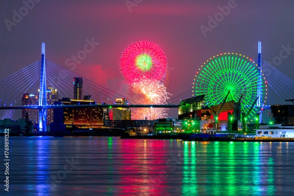 Obraz 大阪港の夜景と淀川花火