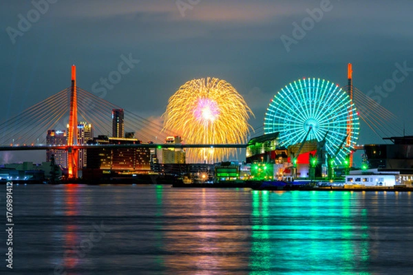 Obraz 大阪港の夜景と淀川花火