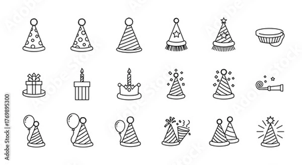 Fototapeta A collection of festive line icons representing party hats, birthday candles, gifts, balloons, and party blowers, perfect for celebrating special occasions like birthdays and holidays, designed for