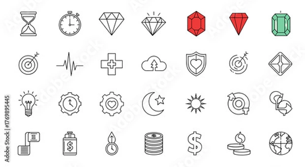 Fototapeta Set of outline icons representing time, gems, health, business, and finance, presented on a black background, suitable for graphic and web design, apps, adverts, and various cards, in a clean vector