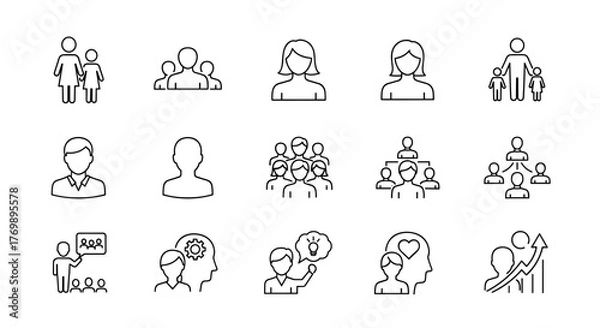 Fototapeta A comprehensive collection of vector line icons representing various human figures and group dynamics, including families, teams, individuals, and abstract concepts like ideas and growth, presented