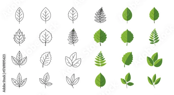 Fototapeta Collection of diverse leaf icons, featuring both detailed line art and vibrant fill styles, representing various tree and plant foliage, perfect for natural, eco, bio, and vegan branding and design
