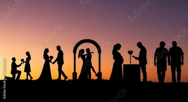 Fototapeta Stages of life silhouette marriage pregnancy and beyond