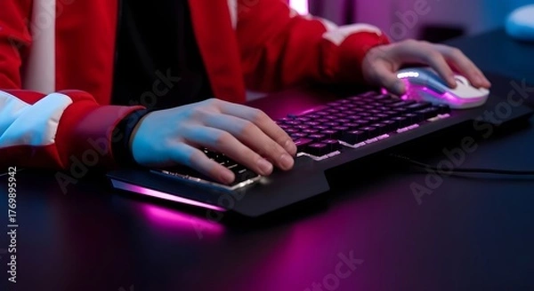 Fototapeta Gamer using rgb keyboard and mouse for esports gaming
