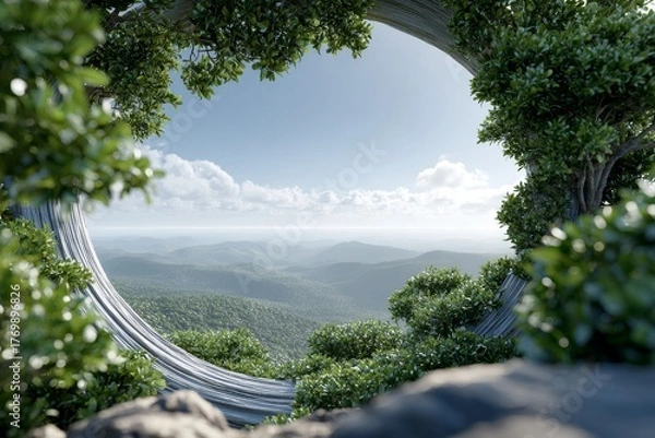 Fototapeta A circular frame of lush greenery presents a panoramic view of a mountainous landscape under a clear sky with clouds.