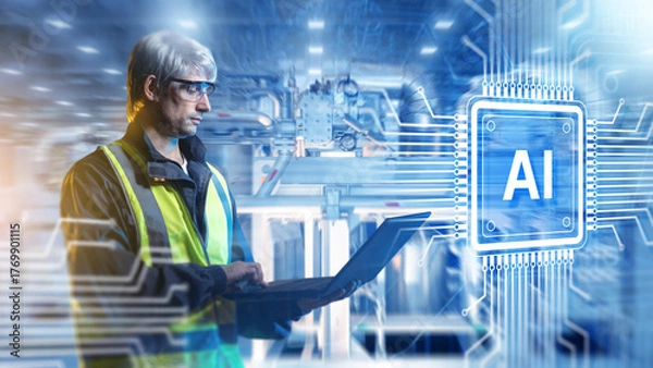 Fototapeta Engineer applies artificial intelligence in smart manufacturing, monitoring industrial processes with laptop to optimize automation, robotics and production efficiency.