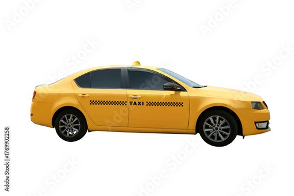 Fototapeta Taxi service. Yellow car with logo and top sign isolated on white, side view