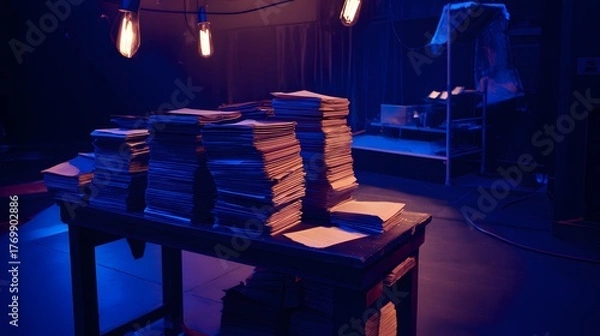 Obraz backstage. A table in the wings of a stage, stacked with bound scripts under dramatic lighting. event programs, museum guides, designed for cultural heritage projects and event programs.