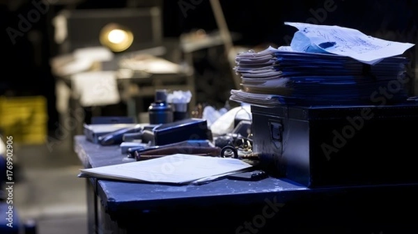 Obraz backstage. A table in the wings of a stage, stacked with bound scripts under dramatic lighting. event programs, museum guides, designed for cultural heritage projects and event programs.