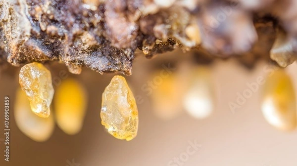 Obraz boswellia. Golden resin droplets forming on tree bark in warm sunlight. gardening catalogs, home-decor guides, designed for gardening and botanical catalogs, enhances decor appeal.