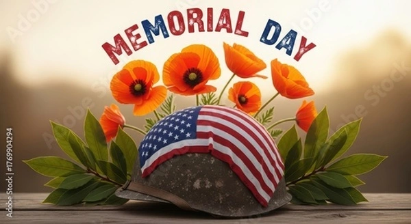 Fototapeta Illustration of memorial day background with helmet, poppies and american flag design