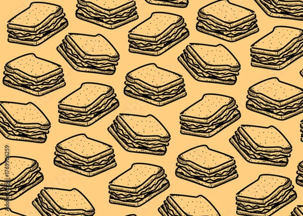 Fototapeta Seamless pattern of hand drawn sandwiches in doodle style. Cream background with sketch bread and layers of fillings. Perfect for cafe branding, packaging design, and restaurant