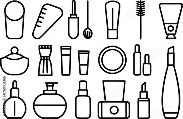 Fototapeta Minimalist line art vector icons set of cosmetic makeup and skincare products