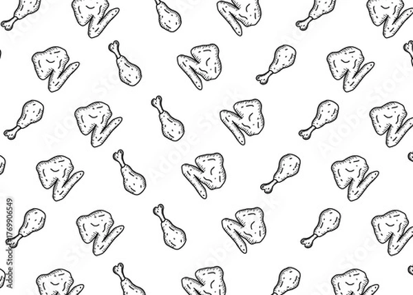 Fototapeta Seamless pattern of hand drawn fried chicken drumsticks and wings in doodle style. Black and white food background with sketch texture. Perfect for restaurant design, food packaging, and culinary
