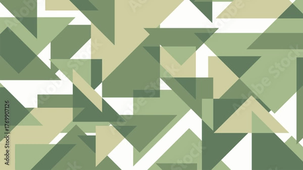 Fototapeta Dynamic Camouflage Abstract Triangle Pattern: A Bold, Intersecting Geometric Design with Overlapping and Transparent Shapes in Various Shades of Military Green and Khaki on a White Background