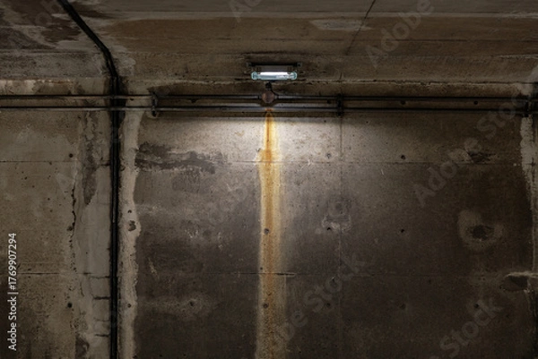 Obraz Gritty concrete wall of underpass features long vertical rust streak beneath single small overhead fluorescent light, showing horizontal pipes. Evokes urban decay, and moody utilitarian ambiance.